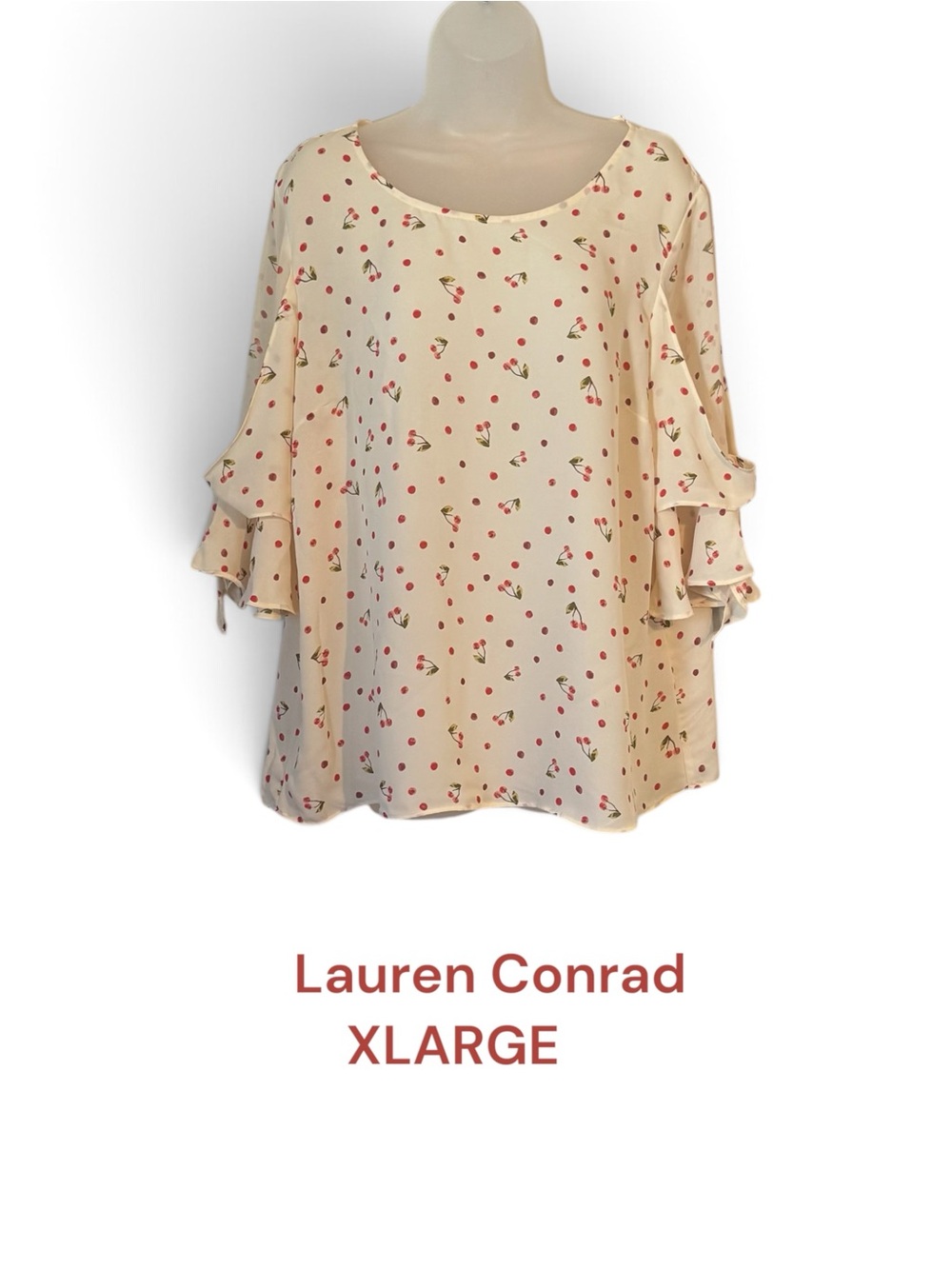 LC Lauren Conrad Cream Blouse w/Red Cherry Prin& Ruffle Sleeves XLARGE    #2
